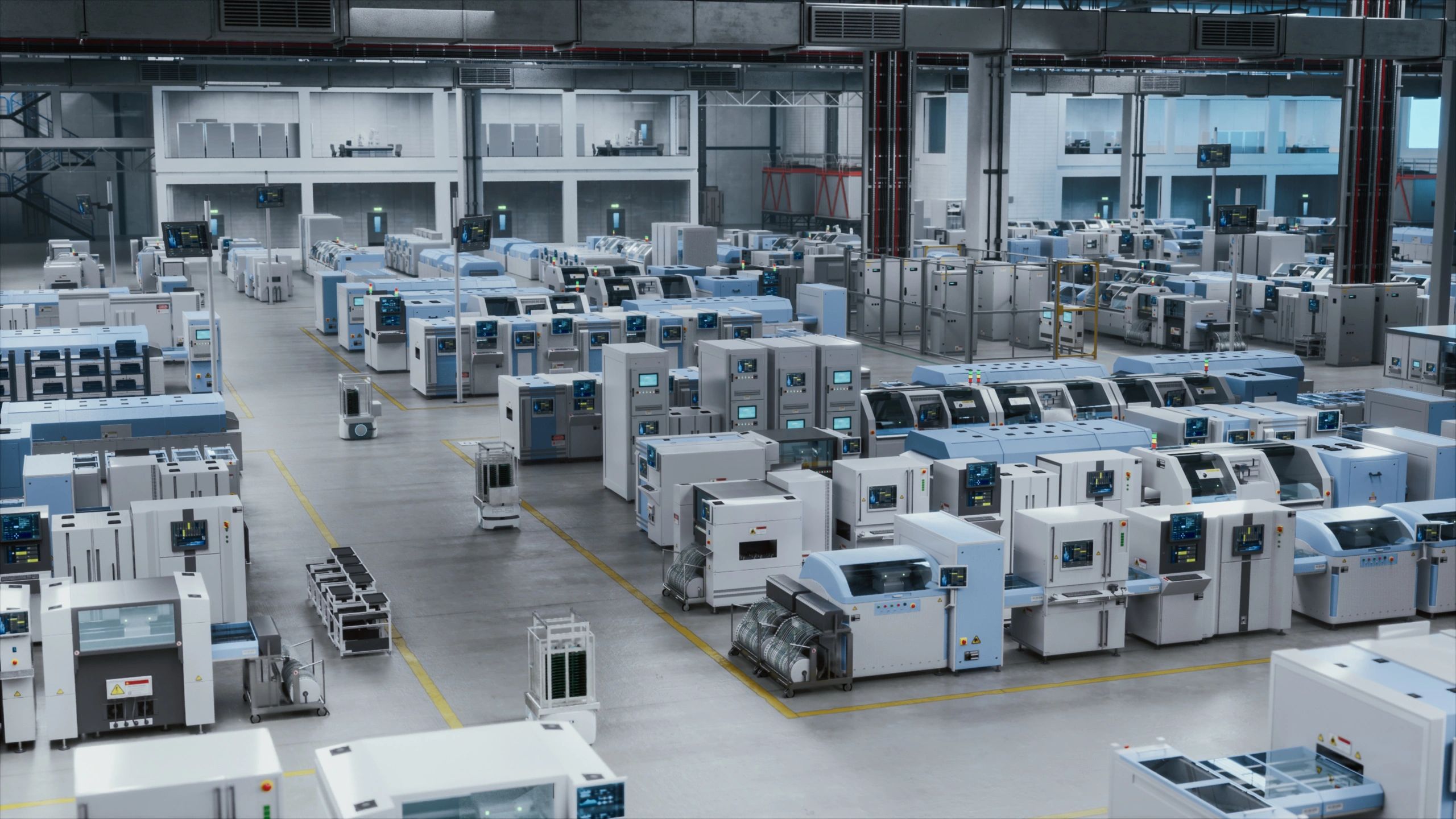 High-tech electronics factory with advanced robotics and automation