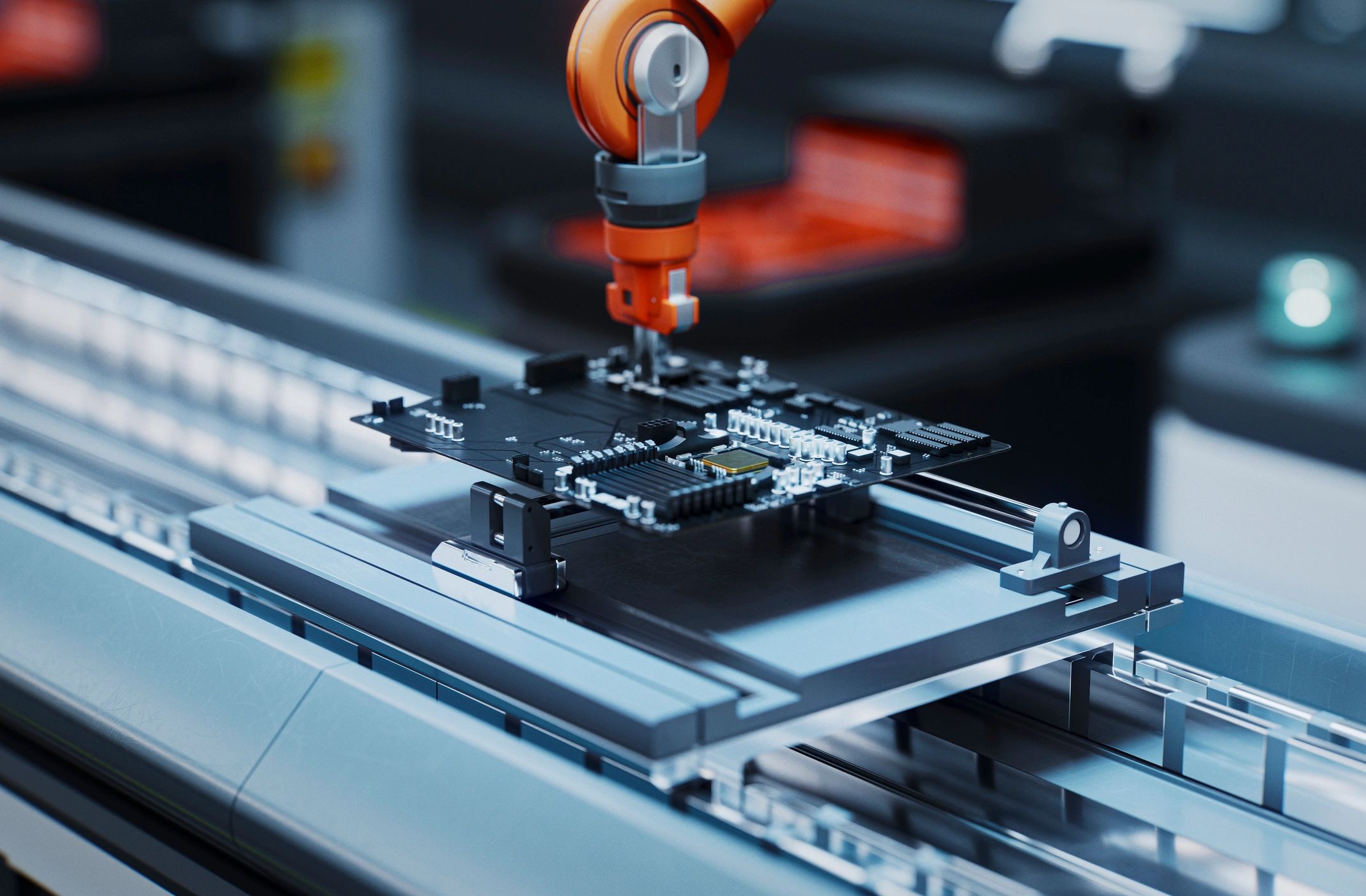 Robotic arm assembling an electronic circuit board
